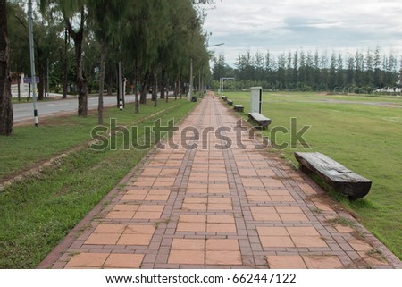 Jogging track with old wood bench