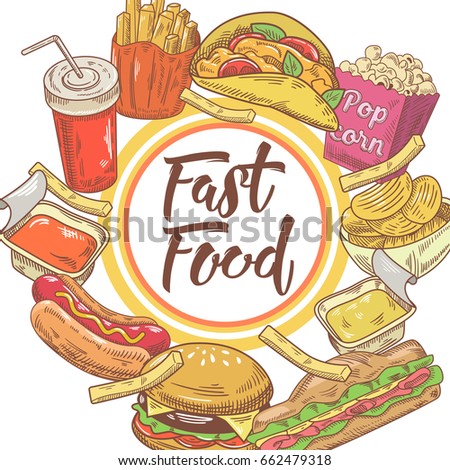 Fast Food Hand Drawn Design with Sandwich, Fries and Burger. Unhealthy Eating. Vector illustration