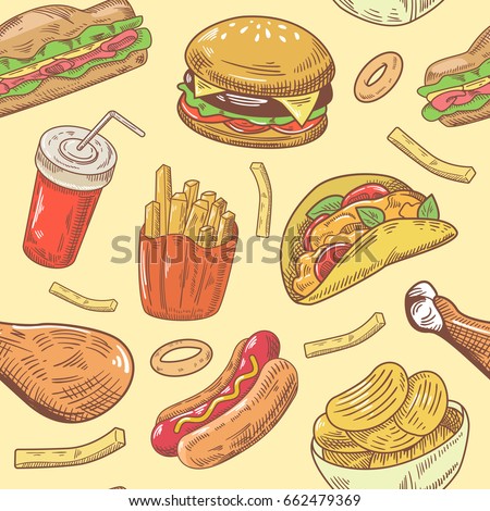 Fast Food Hand Drawn Seamless Pattern with Burger, Chicken and Fries. Vector background