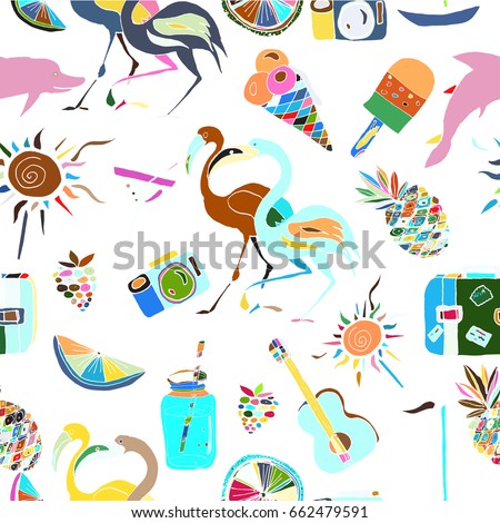 Tropical Traveling Objects clip art. Travel and Recreation Time Concept. Hand Drawn Vector illustration.