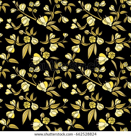 Seamless pattern of gold small flowers like peonies on a black background. Embroidery ethnic floral background. line design fashion wearing. Vector vintage , decorative element for patches and stickers