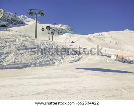 Ski Slopes With Gondola On HinterTux Glacier In Alps, Austria
