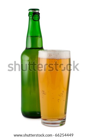 Beer, bottle, glass, isolated on white background clipping path.