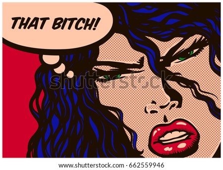 Pop art syle comic book panel with jealous or envious woman and speech bubble vector poster design illustration