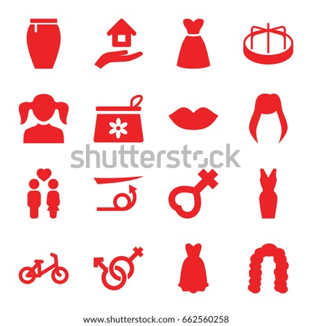 Girl icons set. set of 16 girl filled icons such as child bicycle, child playground carousel, woman hairstyle, girl, straight hair, hairstyle, lips, make up bag, skirt, dress