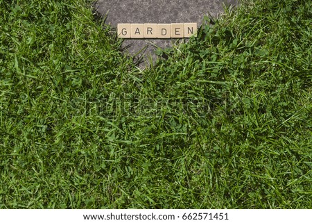 Letter tiles lying on grass in the garden showing the word garden
