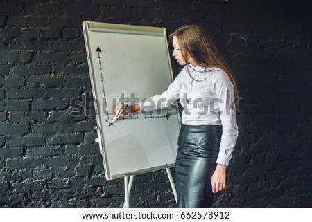 bussiness, meeting and education - businesswoman with flipchart in office.