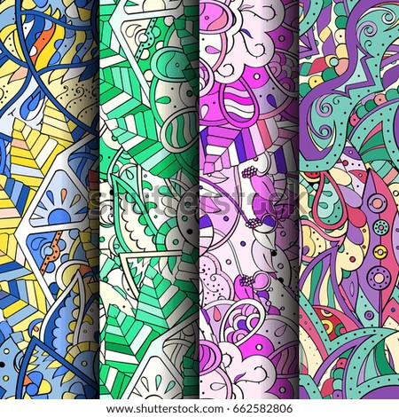 Set of tracery colorful seamless patterns. Vertical stripes. Curved doodling backgrounds for textile or printing with mehndi and ethnic motives. Vector