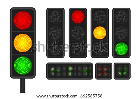 Set of LED traffic lights with arrow traffic lights Royalty-Free Stock Photo #662585758