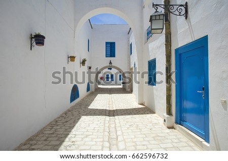 street with blue doors and white walls in Tunisia
