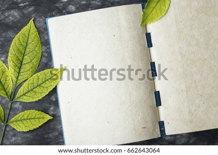 blue notebook paper with the texture and yellow leaf