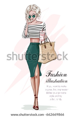 Stylish blonde girl in fashion clothes, with bag and coffee cup. Hand drawn beautiful girl. Fashion woman. Sketch. Vector illustration. Royalty-Free Stock Photo #662669866