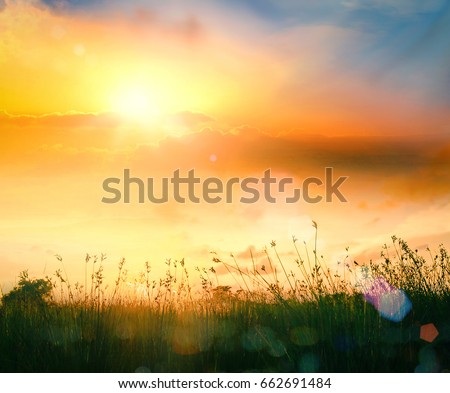Calm day concept: Country field of mountain early morning on sky sunrise background Royalty-Free Stock Photo #662691484