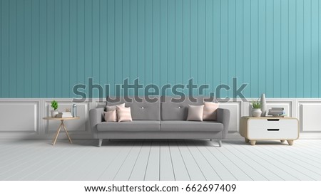 Living room with sofa, pillows and books. The blue back wall on a white wooden floor, 3D rendering