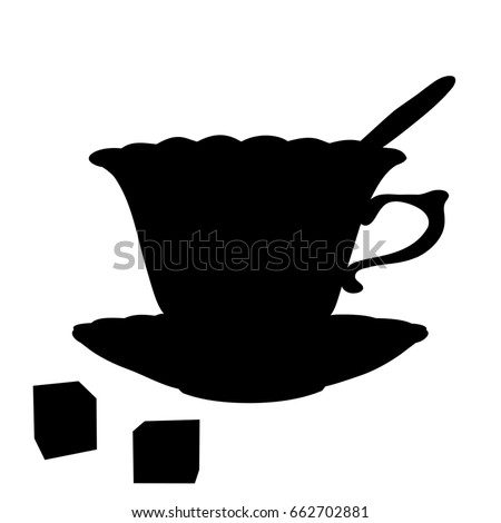 Vintage victorian english tea cup with a spoon and two sugar cubes, black vector silhouette