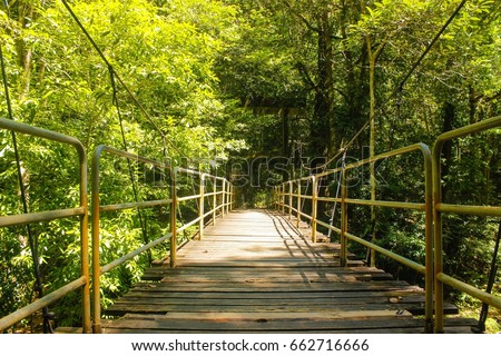 Suspension bridge, Crossing the river, ferriage in the woods Royalty-Free Stock Photo #662716666