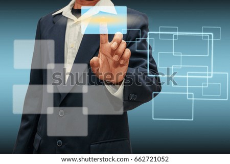 Men hand pushing a button on a touch screen interface