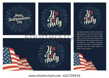Set horizontal, vertical, square posters with firework and american flag. Happy Independence Day lettering inscription. Vintage hand drawn calligraphy for poster, banner Fourth July. Dark background Royalty-Free Stock Photo #662728456