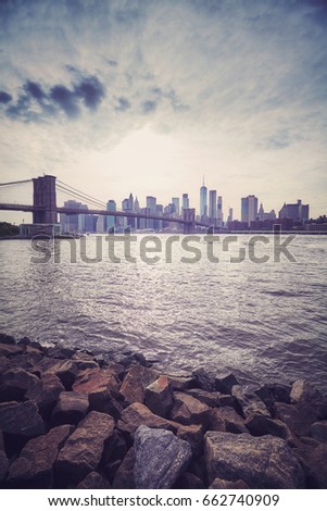 Vintage stylized sunset over New York City, USA.