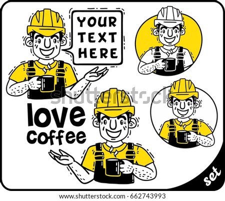 Working man in protective helmet with cup of coffee yellow set