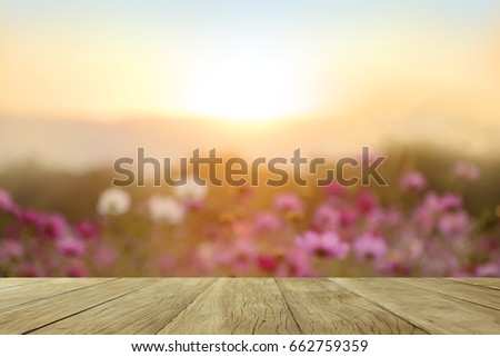 Empty top wooden table on blurred cosmos flowers fields in sunset for background