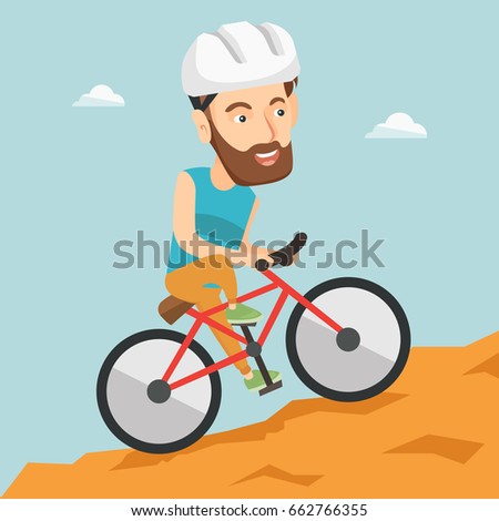 Extreme hipster man with the beard riding on mountain bike. Young confident man tourist in helmet traveling in the mountains on a mountain bicycle. Vector flat design illustration. Square layout.