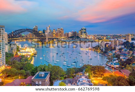 Downtown Sydney skyline in Australia at twilight Royalty-Free Stock Photo #662769598