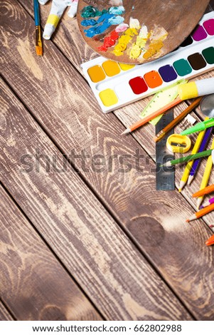 Items for children's creativity, School supplies on the table 