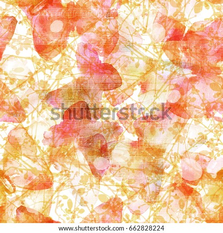 A seamless pattern with abstract freehand watercolour butterflies on golden branches, with faded sheet music