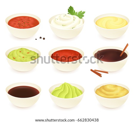 Set of different dipping sauces: salsa, mayonnaise, cheese, guacamole, ketchup, chocolate, soy, wasabi and mustard. Isolated on white background Royalty-Free Stock Photo #662830438