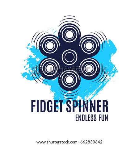 Fidget spinner stress relief toy vector label with six blade on blue brush stroke. Isolated