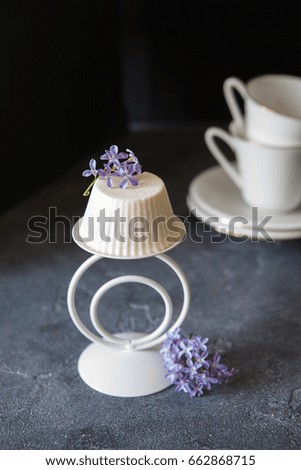Vanilla mousse cake with edible lilac