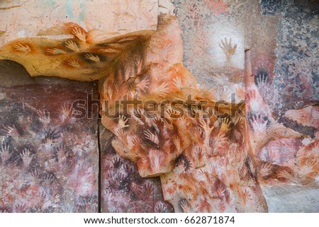 Cave paintings in caves of Cueva de las Manos, Santa Cruz Province, Patagonia, Argentina, South America