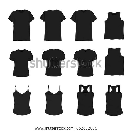 Set of different realistic black t-shirt for man and woman. Front and back view. Shirt sleeveless, short-sleeve, singlet, tank top. Vector illustration collection. 