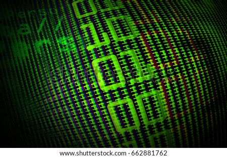 Digital binary data on computer monitor screen. Close-up with small depth resolution