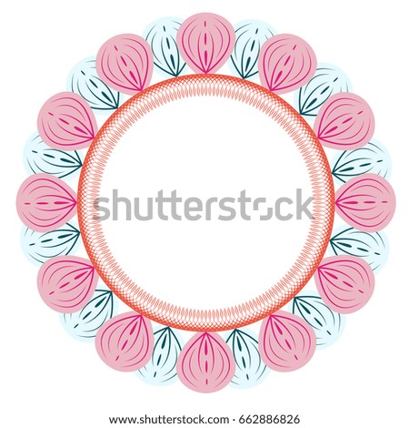 Beautiful abstract round floral frame, pink and blue. Vector illustration