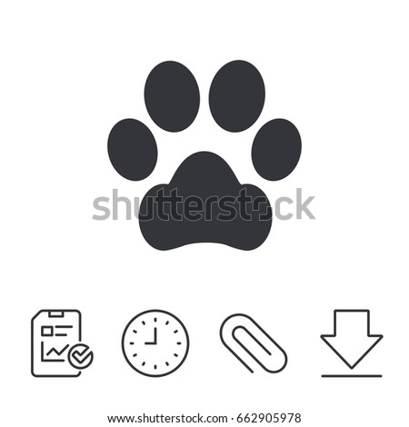 Dog paw sign icon. Pets symbol. Report, Time and Download line signs. Paper Clip linear icon. Vector
