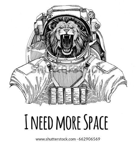 Lion wearing space suit Wild animal astronaut Spaceman Galaxy exploration Hand drawn illustration for t-shirt