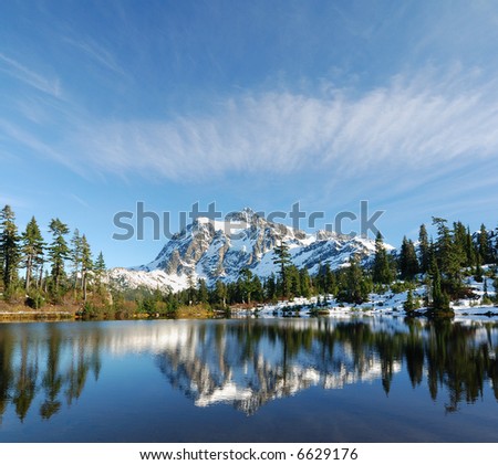 Picture Lake reflection of Mount Shuksan with snow