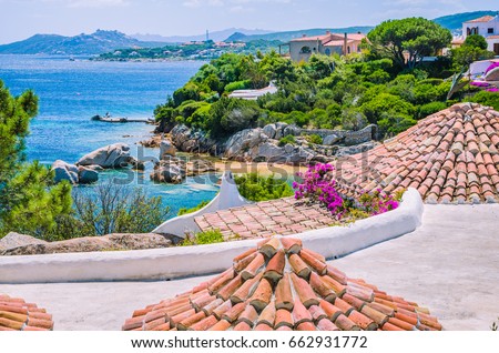 Roofs of mediterranean houses near Porto Rafael, Palau, Sardinia, Italy Royalty-Free Stock Photo #662931772