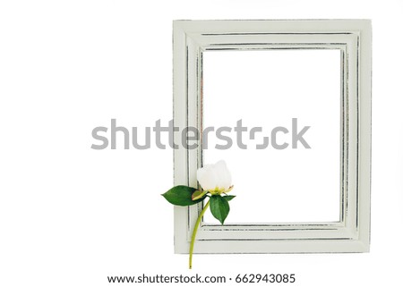 Pastel wooden frame decorated with peonies flowers, empty space for text