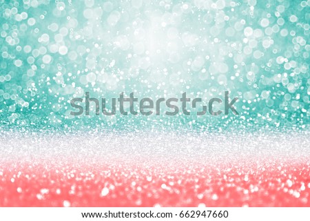 Abstract teal green glitter, coral pink and peach sparkle confetti background for turquoise happy birthday party invite, aqua mint wedding, salmon color Christmas pattern or white diamond girl texture Royalty-Free Stock Photo #662947660