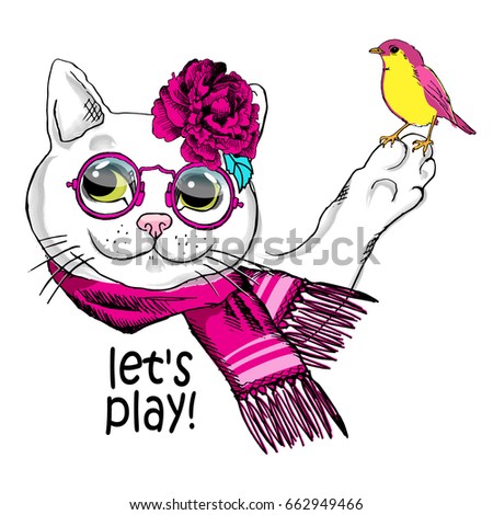 Vector white cat with pink scarf, bird, flower and glasses. Hand drawn illustration of dressed cat. 