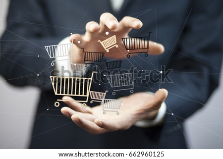 Businessman hand baskets in screen  over blue background