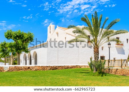 View of beautiful white church in Sant Carles de Peralta village, Ibiza island,Spain