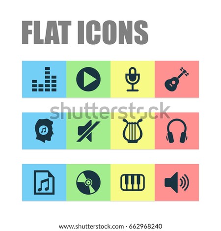 Music Icons Set. Collection Of Lyre, Meloman, Earphone And Other Elements. Also Includes Symbols Such As Playlist, Button, Instrument.