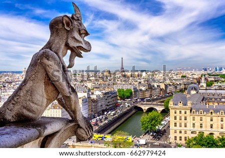 Gargoyle on Notre Dame de Paris on background of skyline of Paris, France. Architecture and landmarks of Paris. Postcard of Paris