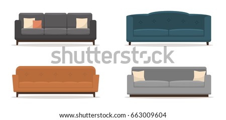 Set of sofas with pillows isolated on white background Royalty-Free Stock Photo #663009604