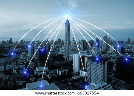 Smart city scape and network connection concept, wireless signal of internet in business city. internet connection. social on line business.