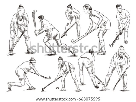 Sketch set of hockey player playing in vector illustration.